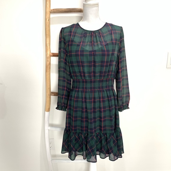 J.Crew Plaid Ruffled Dress, Large Petite, Green Chiffon, Cinched Waist - Picture 2 of 9